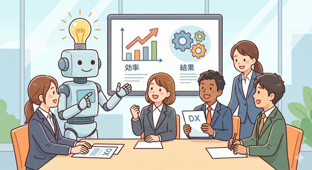 企業がAI研修（DX研修）を導入する目的と、ChatGPT活用を即戦力化するメリットを分かりやすく表現したイラスト