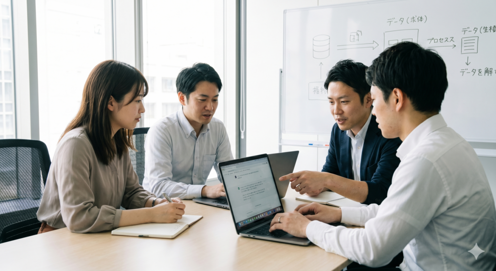 社内研修でChatGPTや生成AIの実践的なプロンプト設計を学ぶ日本人の会社員たちの様子