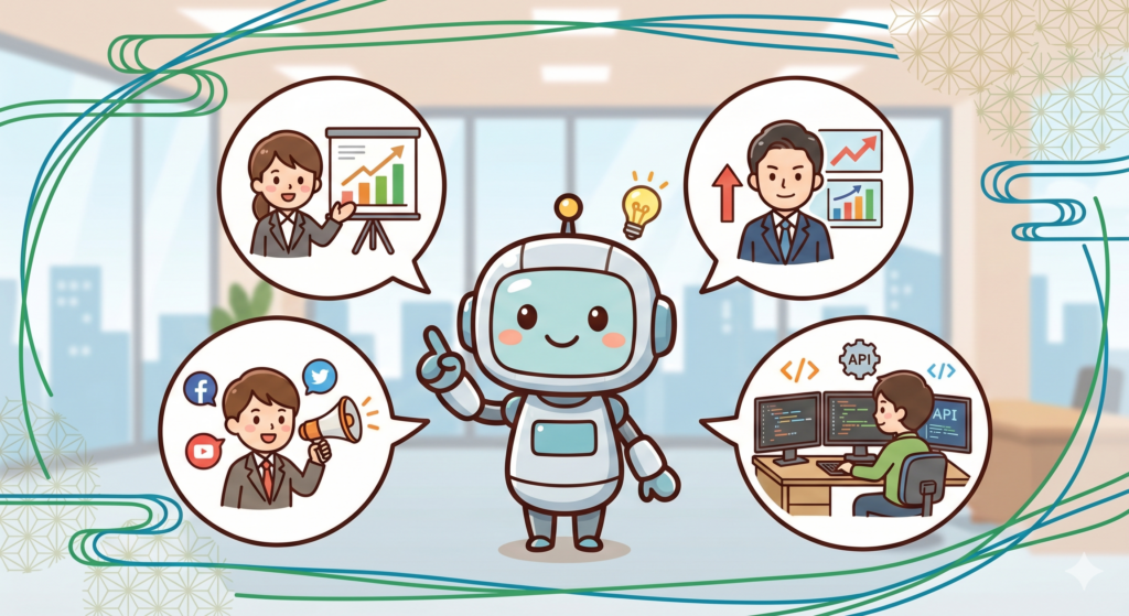 営業、エンジニア、経営層など、異なる職種向けのAI研修カリキュラム事例を紹介するナビゲーターキャラクター