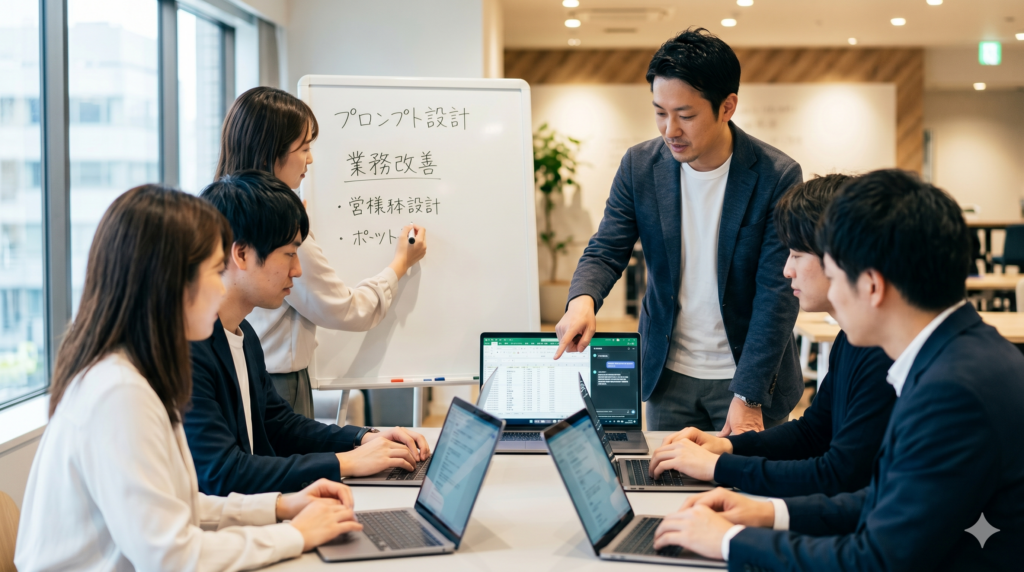 都内のオフィスで行われている、リアルな日本人社員による生成AI活用のハンズオン研修風景。講師が受講者の画面を見ながら指導している。