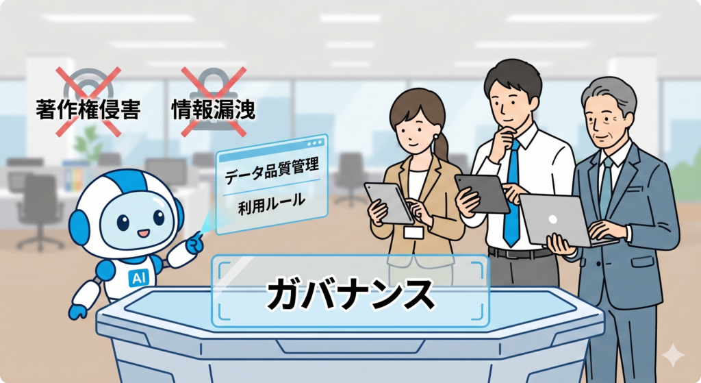 生成AI導入時のリスク（情報漏洩、著作権侵害など）を防ぐための利用ルールとガバナンス構築をイメージした、キャラクター入りのイラスト。