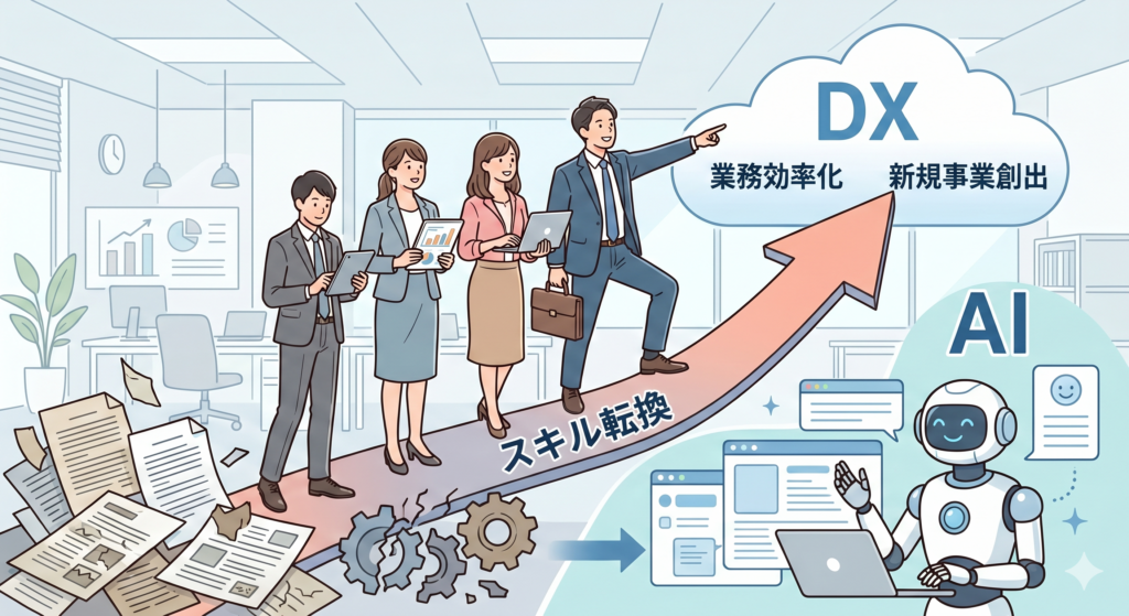 DXとAI研修によるスキル転換と業務効率化、新規事業創出のイメージイラスト。日本人のビジネスチームが古い業務をデジタル化していく様子。
