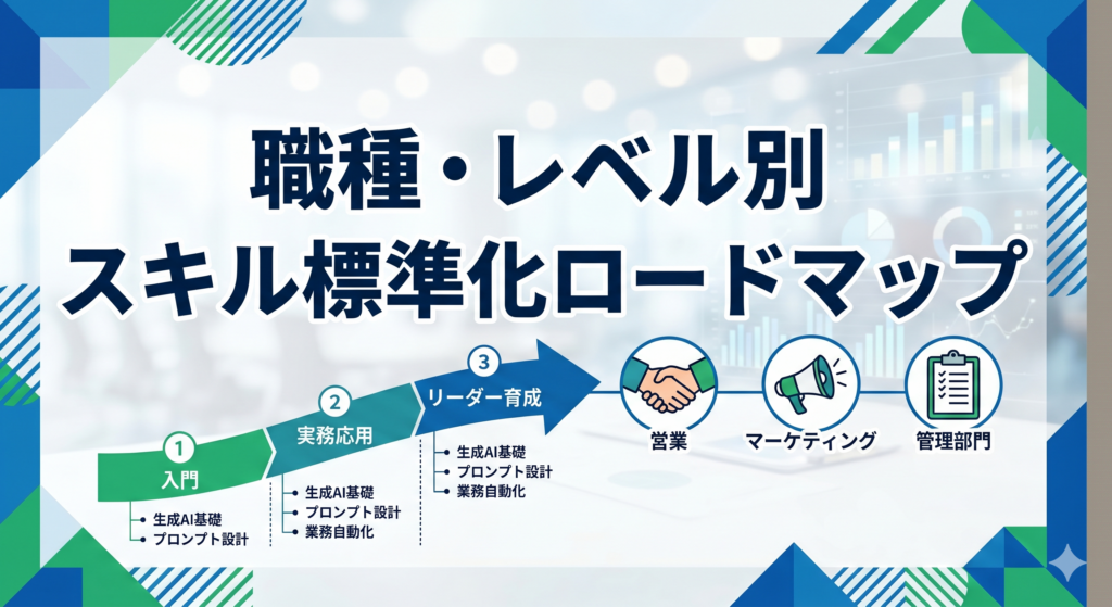 職種別・レベル別のDX・AIスキル標準化ロードマップを視覚化したインフォグラフィック。入門、実務応用、リーダー育成の3層構造。