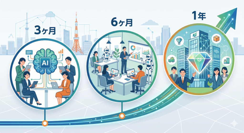 テキストなしのビジネスイラスト。DXとAIの導入計画（3ヶ月、6ヶ月、1年）を3つの段階で表現したインフォグラフィック。