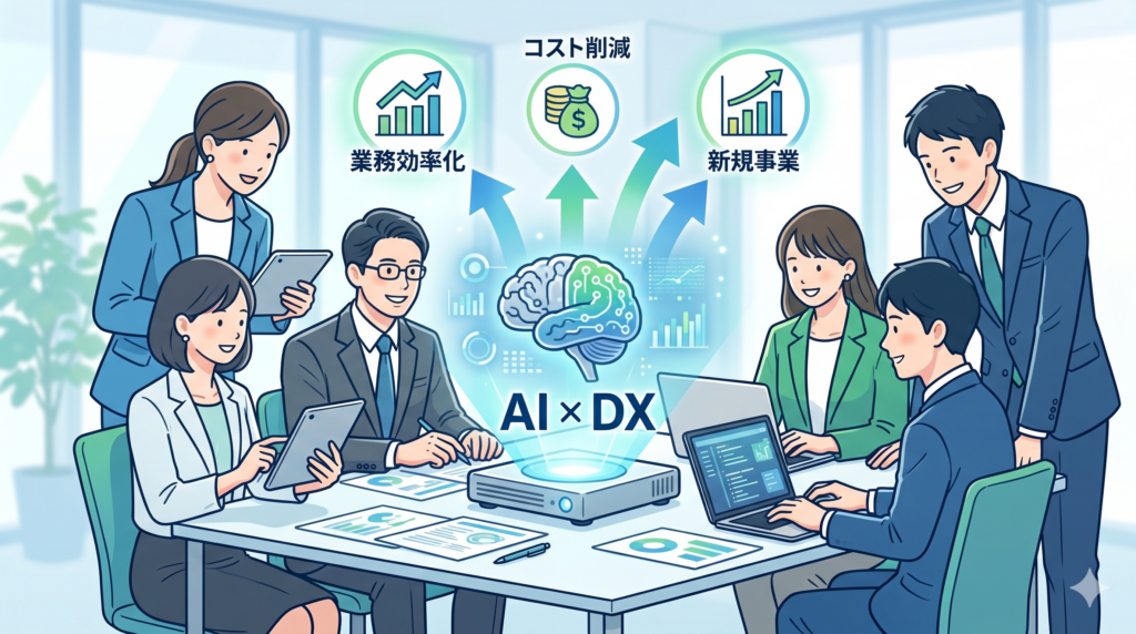 生成AIとDX研修の組み合わせによる業務効率化と成果創出のイメージイラスト