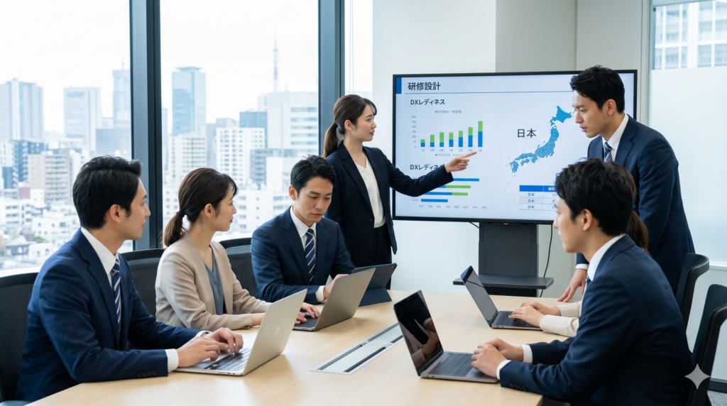 オフィスの会議室で、生成AI・DX研修の計画を話し合う日本人のチーム
