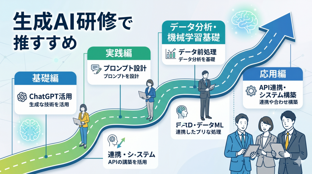 実践的な生成AI研修カリキュラム例と到達目標のロードマップ