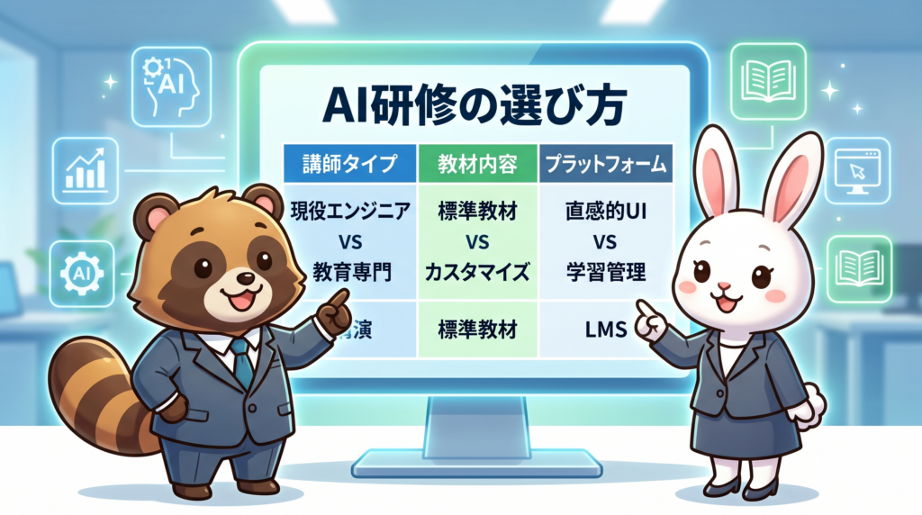 親しみやすいキャラクターが解説する、AI研修の講師・プラットフォームの選び方